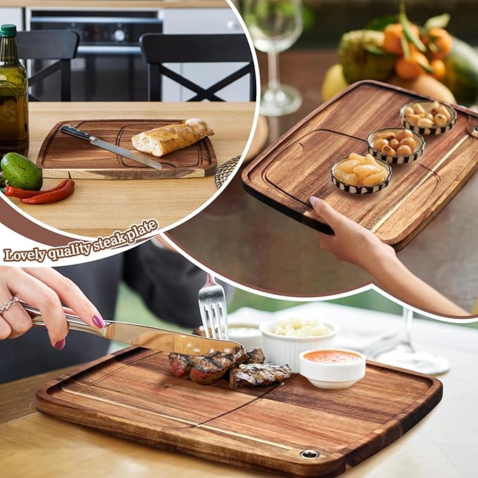 Uiifan 4 Pcs Steak Plates with Juice Channel Wooden Steak Board Set Acacia Cutting Serving Board for Home Serving Eating Meat Dishes Snack Dessert, 13 x 11 x 0.6 Inch