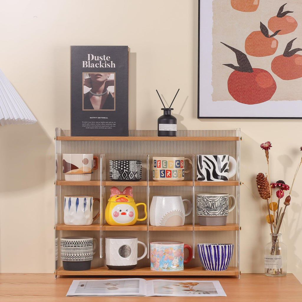 KAOTGOT Mug Shelf 4-Tier Walnut Coffee Cup Displays,Kitchen Spice Storage
