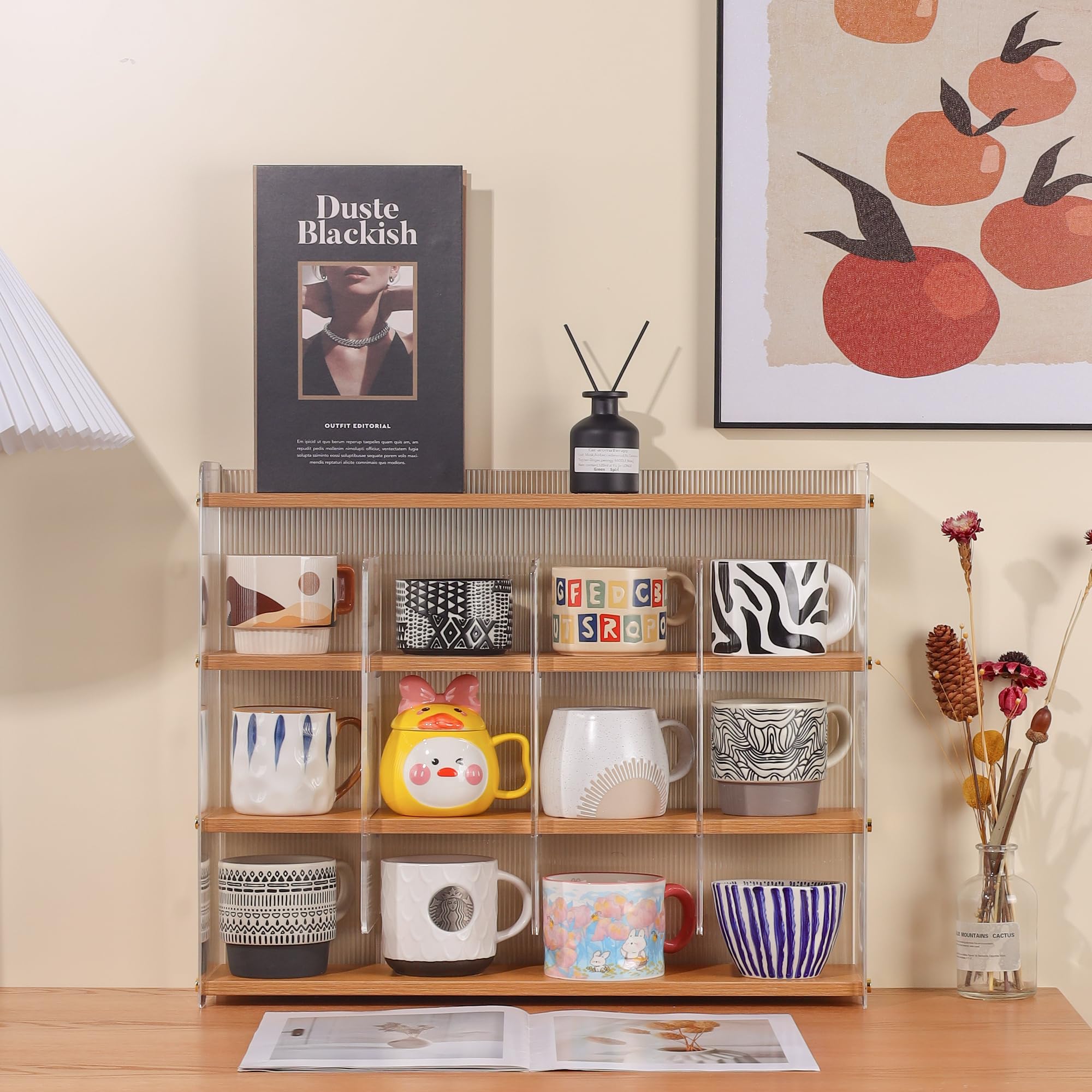 KAOTGOT Mug Shelf 4-Tier Walnut Coffee Cup Displays,Kitchen Spice Storage