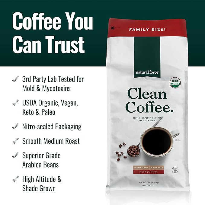 Natural Force - Bulk Organic Clean Coffee Classic, Mold & Mycotoxin Free, Lab Tested for Toxins & Purity, Low Acidity, Incredible Taste & Aroma, Whole Bean Medium Roast, 5 lbs