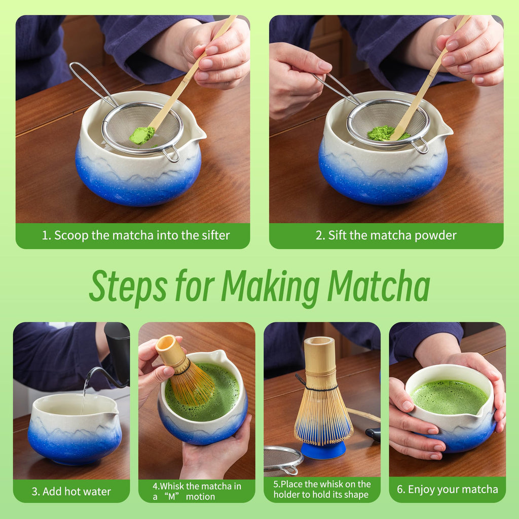 TEANAGOO 7 Pcs Matcha Whisk Set,Blue Matcha Set, Ceremony Matcha Powder Kit,Matcha Tea Set for Making Latte,Matcha Whisk Set and Bowl with Scoop&Sifter,Fuji Design Ceramic Bowl,Gift for Matcha Lovers