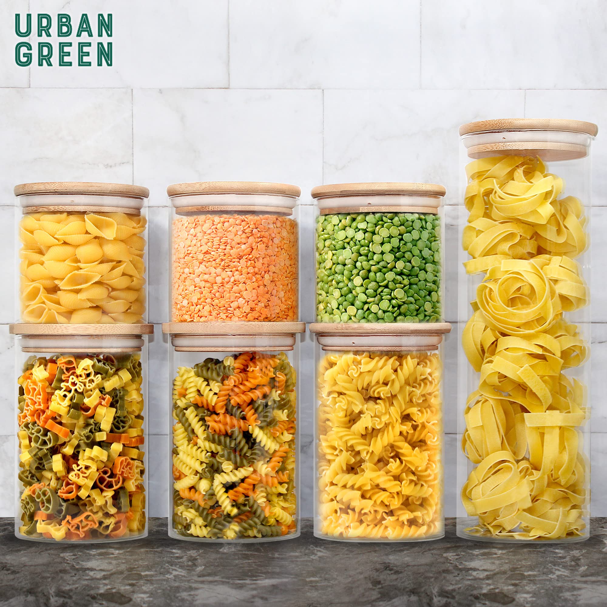 Urban Green Glass Jars with Airtight Lids, Airtight Glass Canisters with Locking Lids, (Bamboo-20oz-30oz)