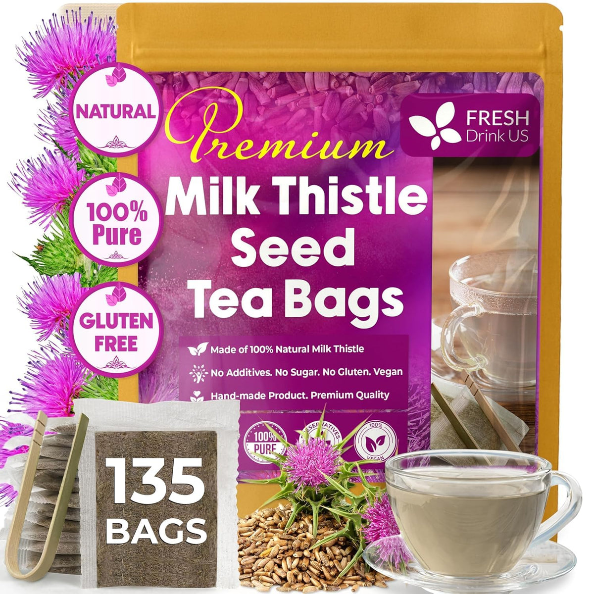 FreshDrinkUS, Premium 135 Ginger Turmeric Tea Bags, 100% Natural Ingredients, Hand-Made Blend of Ginger and Turmeric Herbal Tea, Eco-Conscious Tea Bags. No Sugar, No Caffeine, No Gluten, Vegan.