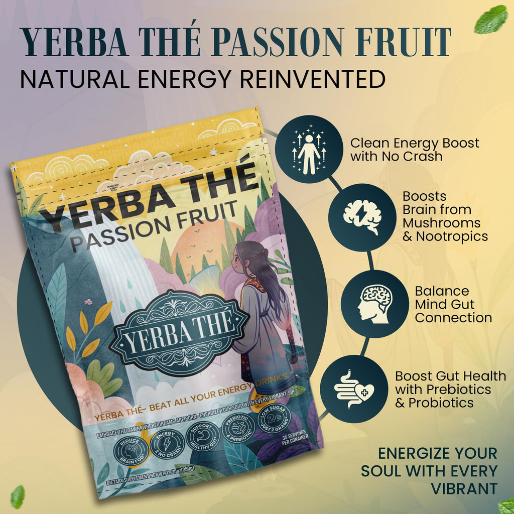 Yerba Mate Powder - Clean Energy & Focus - Organic Yerba Mate Tea 350g - Supports Gut Health with Probiotics & Prebiotics, Brain Fog Relief, Focus & Relaxation - Passion Fruit Flavor, 35 Servings