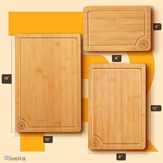 Riveira Bamboo Cutting Boards For Kitchen with Wooden Spoons For Cooking – Set of 3 Pcs Wooden Cutting Board & 6 Bamboo Spoons – Wooden Cutting Boards For Kitchen – Complete Wooden Cooking Utensils