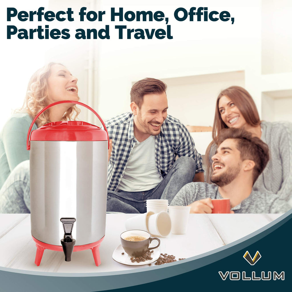 Vollum Stainless Steel Insulated Beverage Dispenser – Insulated Thermal Hot and Cold Coffee Carafe – 10 Liter Drink Dispenser with Spigot for Hot Water, Tea & Coffee, Cold Milk, Juice & More RED
