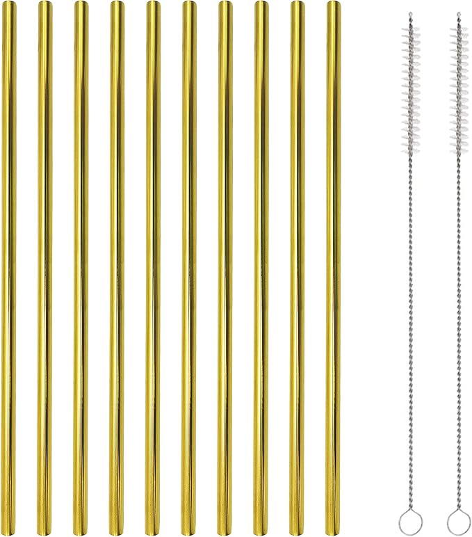 10 Pcs Stainless Steel Straws, Reusable Drinking Straws, Straight Metal Straw Sets with 2 Pcs Cleaning Brushes (8.5 Inch, Gold)