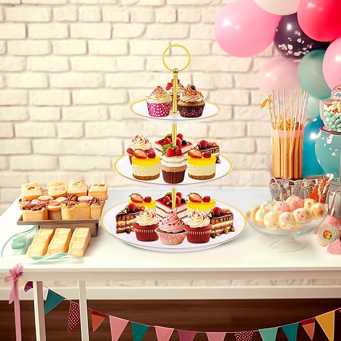 PinCute Cupcake Stand Holder - 3 Tier Cup Cake Dessert Stands, Plastic Tiered Serving Tray&Metal Rod for Birthday Party, Wedding, Tea Party, Baby Shower-Transparent