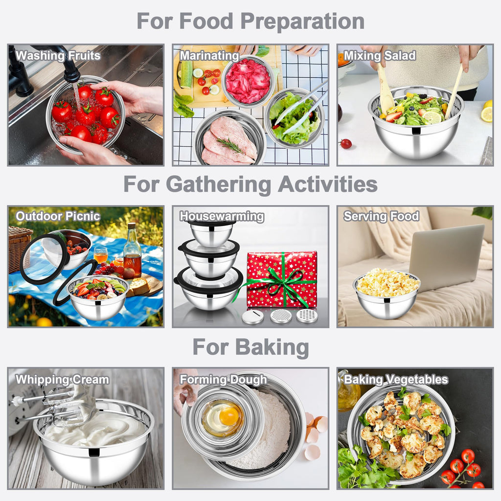 E-far Mixing Bowls with Lids and Graters, Stainless Steel Salad Mixing Bowl with Transparent Lid Set of 3, Metal Nesting Salad Storage for Kitchen Prepping/Serving/Baking, 4.6/2.6/1.5QT - Black