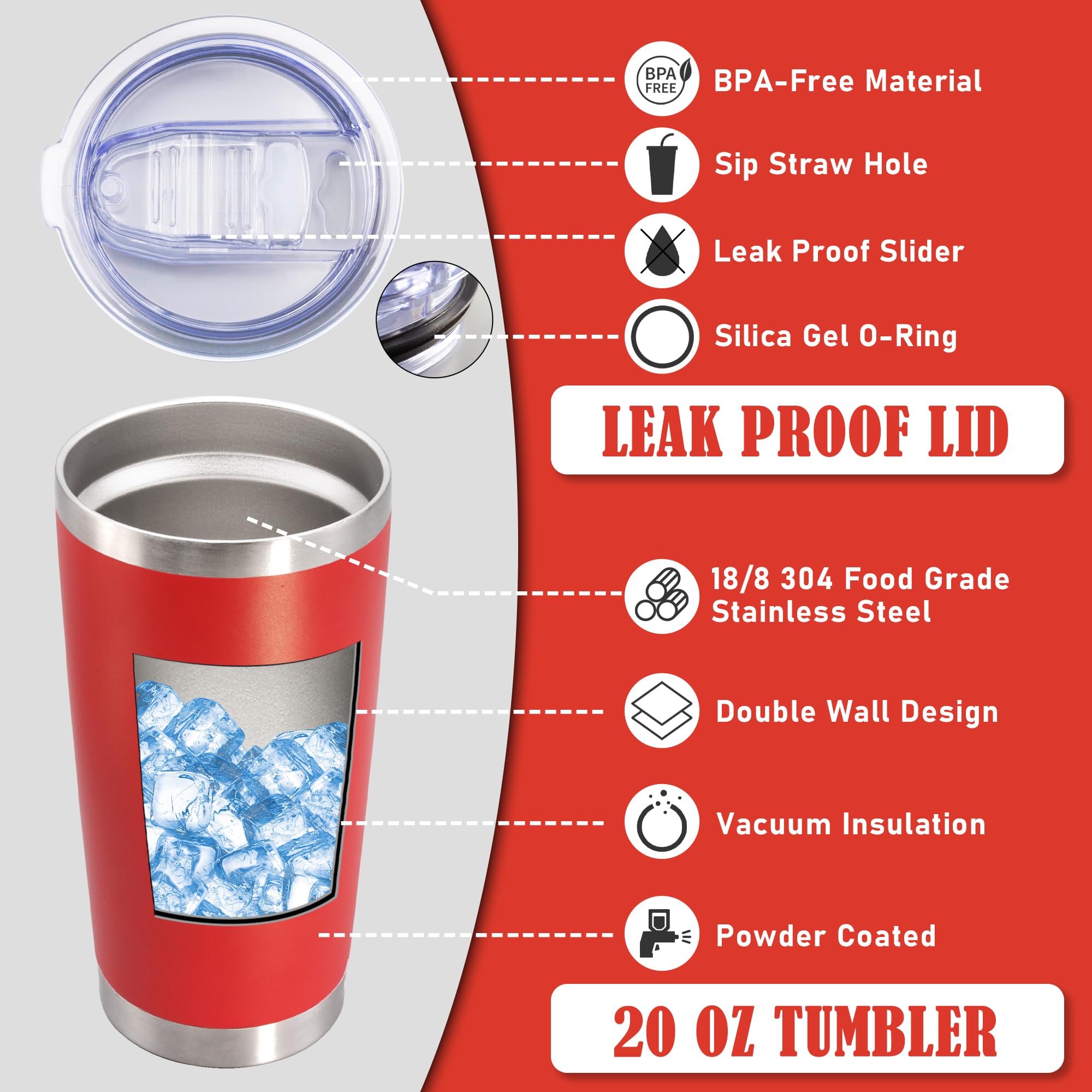 20oz Tumbler Insulated Coffee Tumblers with Lid Stainless Steel Red 4P