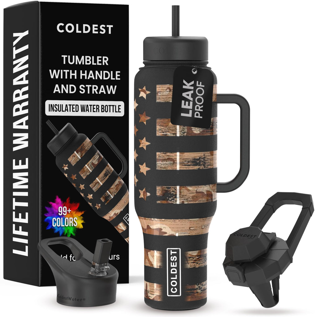 Coldest Tumbler with Handle and Straw, 100% Leak Proof Insulated Tumbler with Lid and Straw (3 Lids), Stainless Steel Tumblers for Women & Men, Cup Holder Friendly, 46 oz (Camouflage Flag)