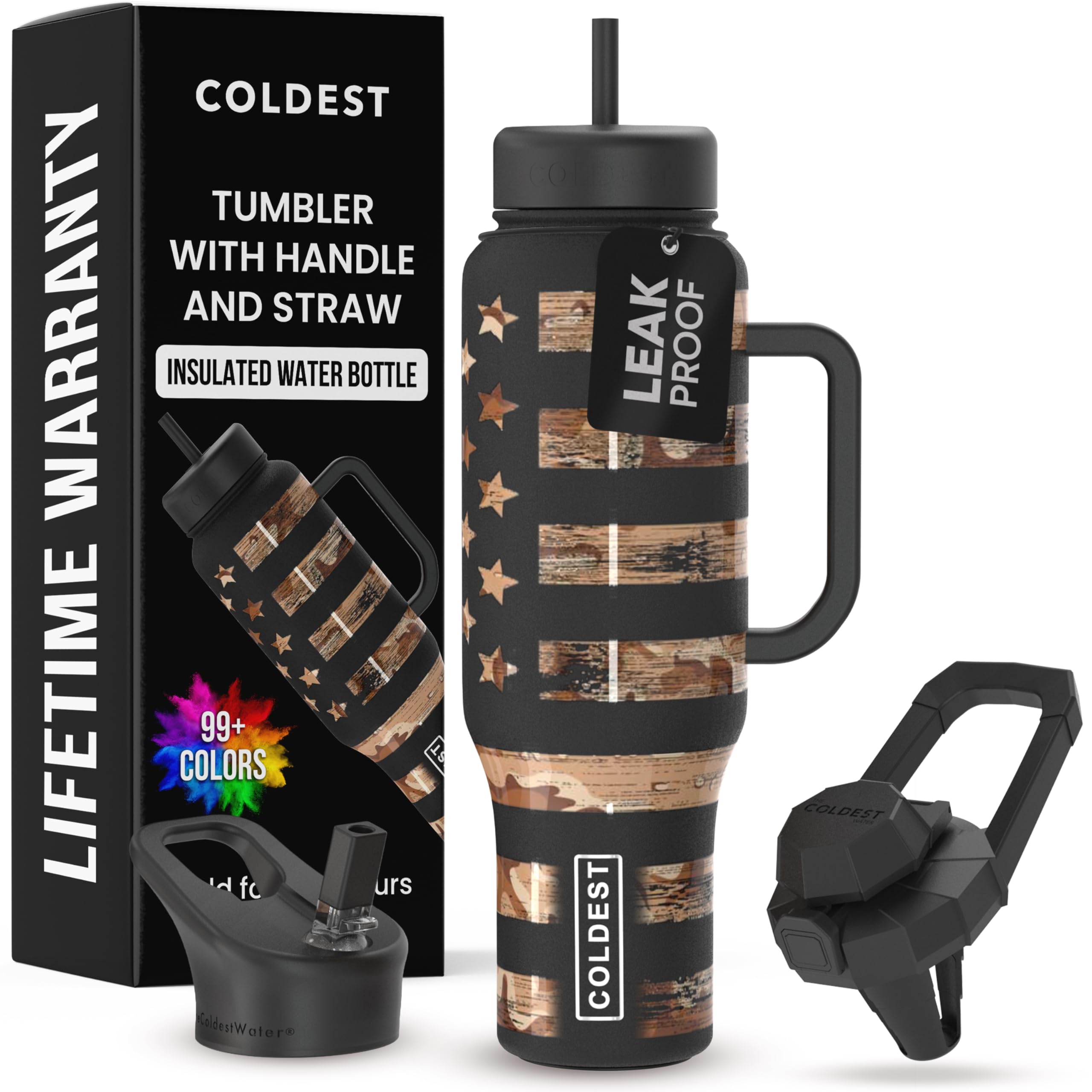 Coldest Tumbler with Handle and Straw, 100% Leak Proof Insulated Tumbler with Lid and Straw (3 Lids), Stainless Steel Tumblers for Women & Men, Cup Holder Friendly, 46 oz (Camouflage Flag)