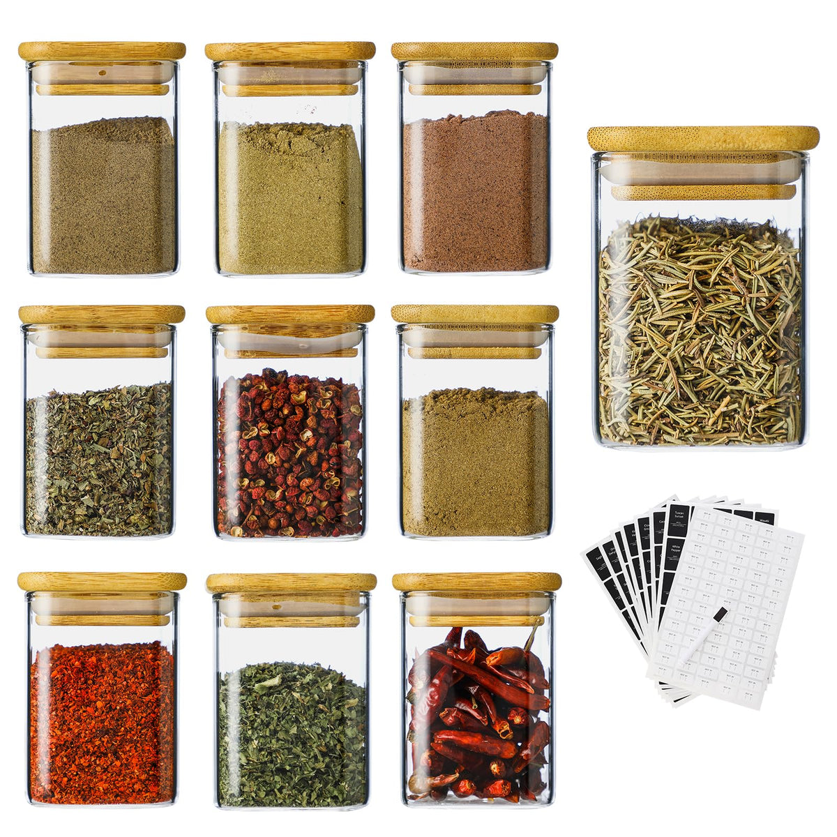 Homtop Kitchen Glass Spice Jars 10 Pcs 7 Oz with 275 Labels