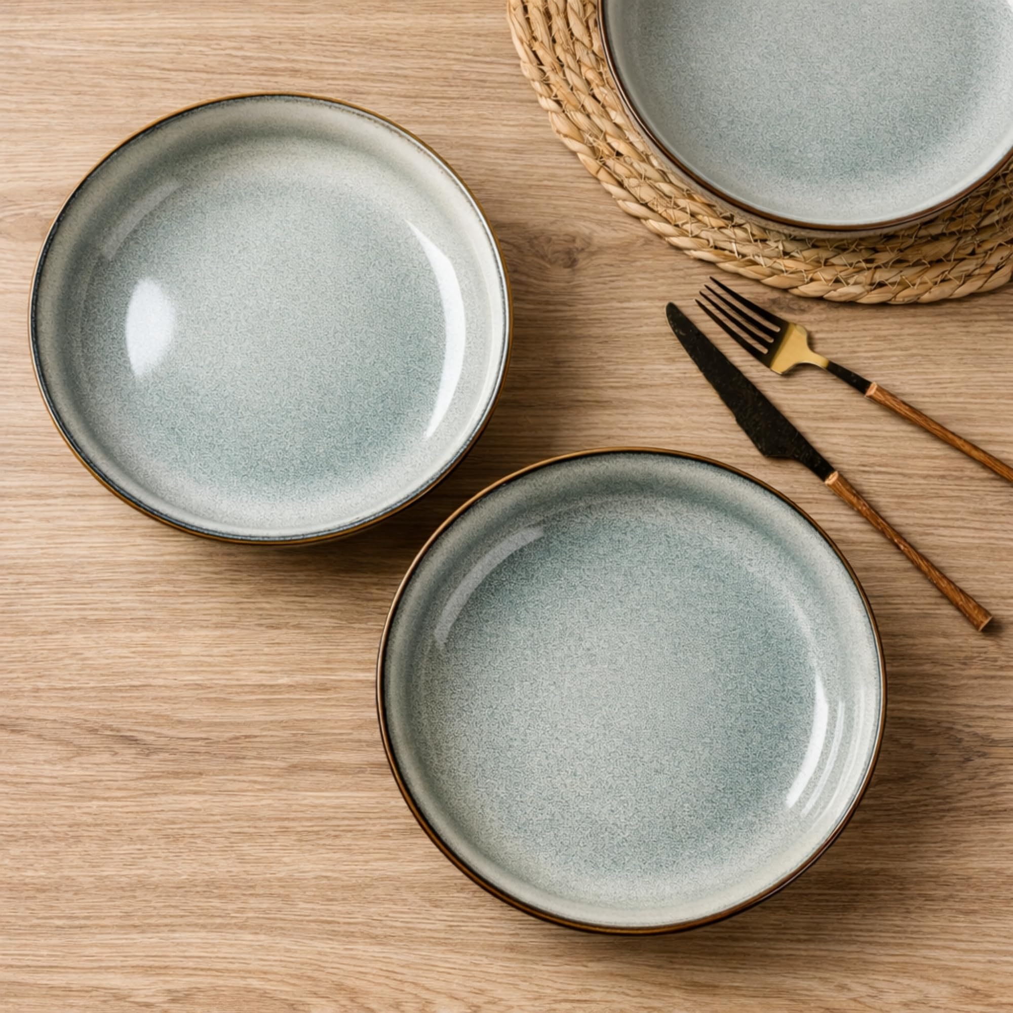 GBhome 8.75'' Large Ceramic Pasta Bowls, 38oz Stoneware Pasta Serving Bowls Set of 4 for Kitchen, Wide Bowls for Fruit,Pasta,Salad,Oatmeal,Meal, Microwave Safe, Reactive Glaze-Green Wheat