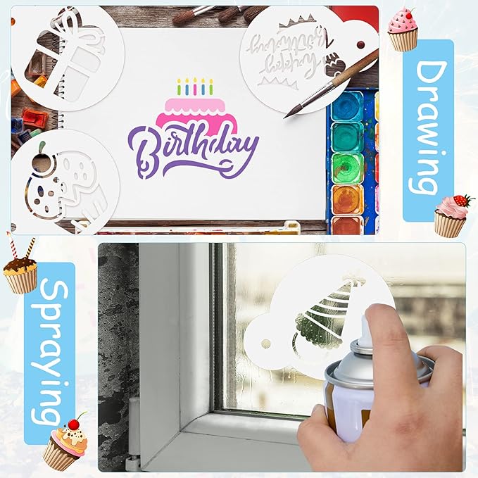 20 Pieces Birthday Cookie Stencil Templates Decoration Cookie Stencil for Birthday Coffee Cake Templates Reusable Painting Mold Tools, Dessert, Coffee Decorating Mold(Cake Style)