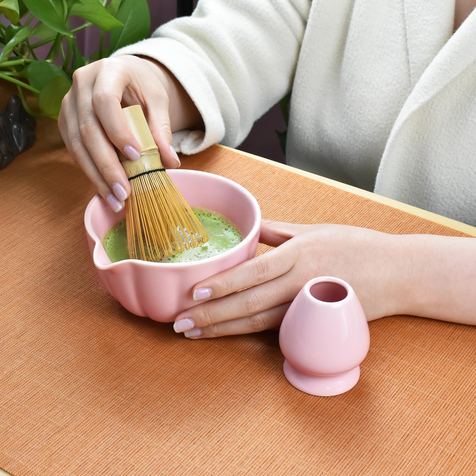 Artcome 4 Pcs Japanese Matcha Tea Set - Matcha Bowl with Pouring Spout, Matcha Whisk, Tea Scoop, Whisk Holder, Handmade Matcha Ceremony Kit For Japanese Tea Ceremony, Rose