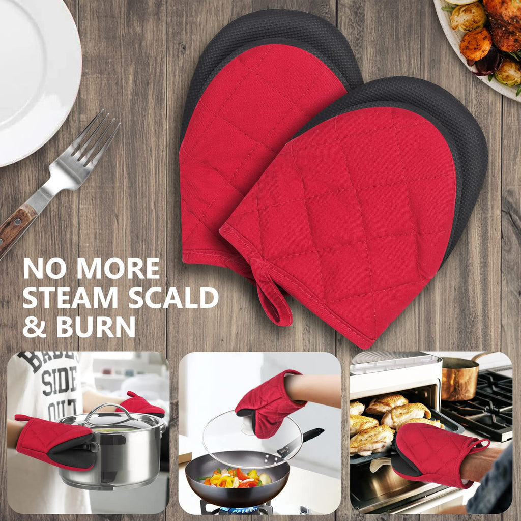 Short Oven Mitts, Heat Resistant 500°F, Silicone Grip Kitchen Gloves, Non-Slip for Baking, Grilling, BBQ, Machine Washable with Hanging Loop, 2-Pack Set, Red