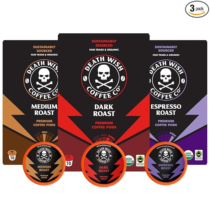 Death Wish Coffee Valhalla Java Single Serve Pods - Extra Kick of Caffeine - Medium Roast Coffee Pods - Made with USDA Certified Organic Fair Trade Arabica and Robusta Beans 10 Count (pack of 1)