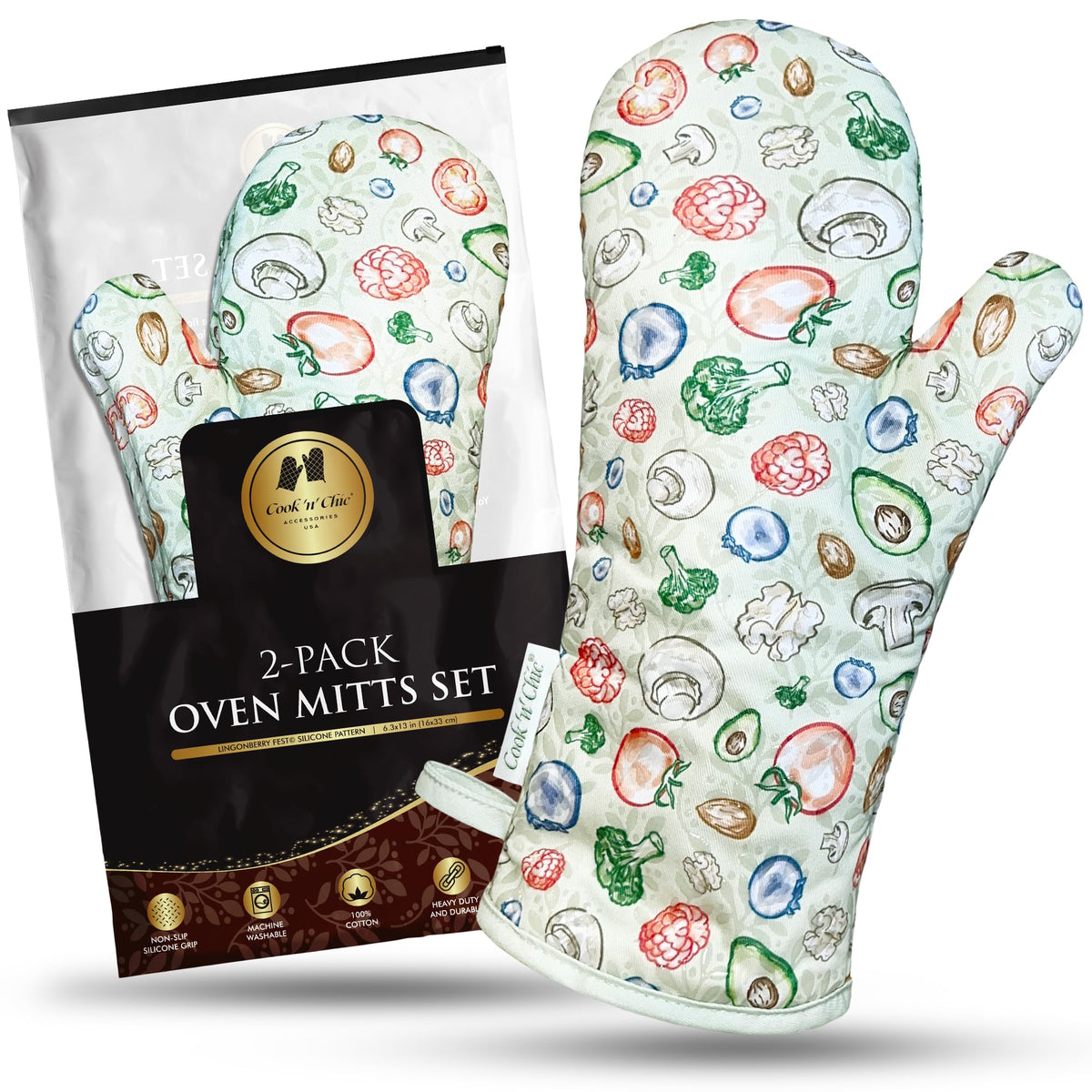 Premium Heat-Resistant Oven Mitts - Stylish and Beautiful - Non-Slip Platinum Silicone Grip - Long and Thick - 100% Natural Cotton Exterior and Soft Terry Cloth Lining - Cook'n'Chic Set of 2 - Green
