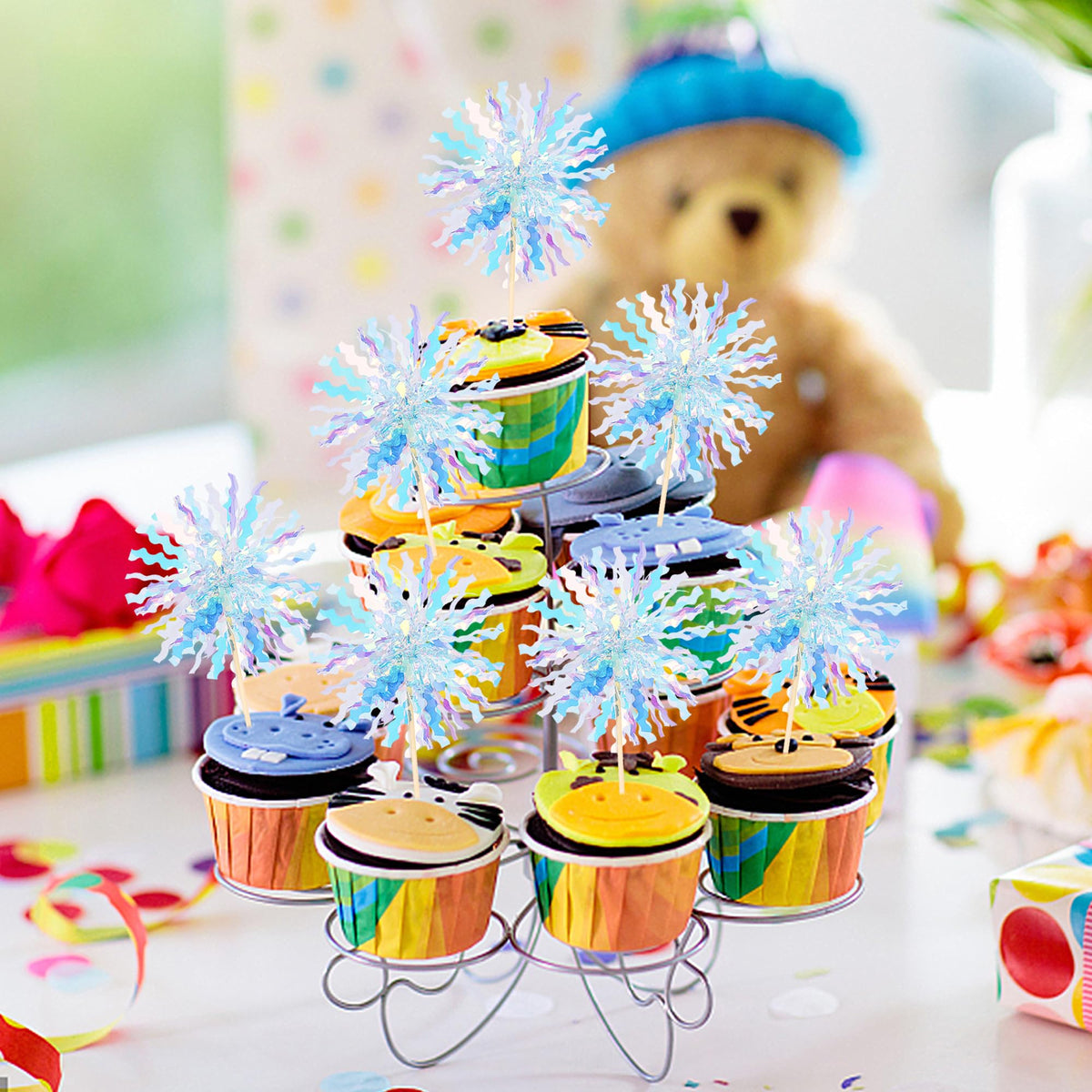 40 PCS Foil Firework Cupcake Toppers Sparkle Tinsel Cupcake Picks Fireworks Birthday Party Decorations Cocktail Fruit Toothpick for Birthday Wedding Graduation Party Decorations Supplies Black Purple
