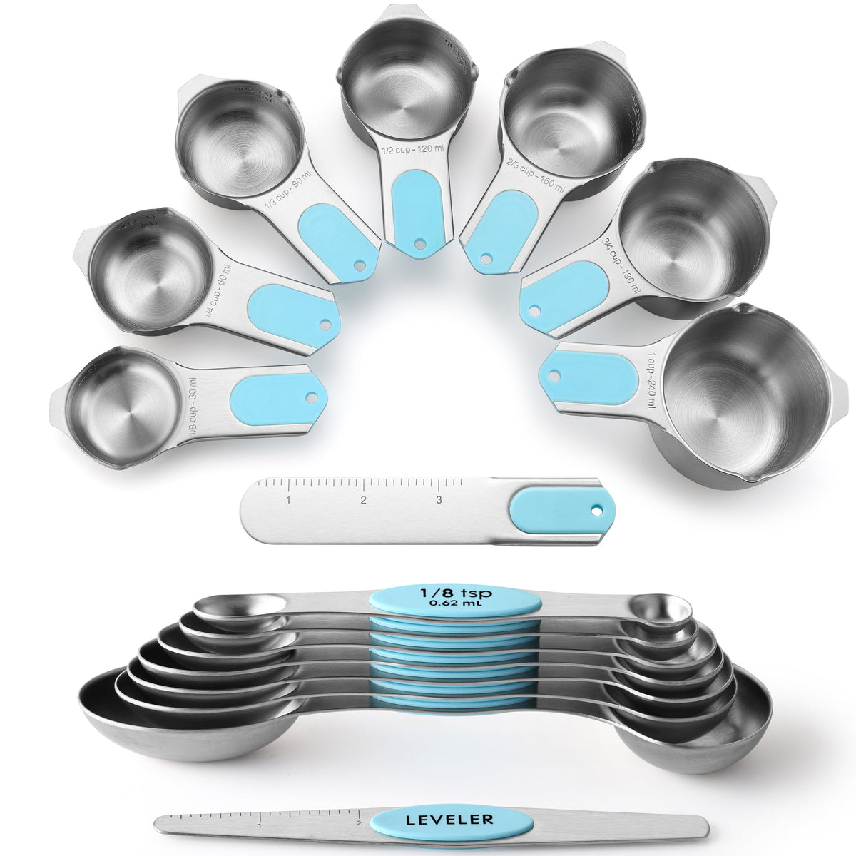 Spring Chef 15 Magnetic Measuring Cups & Spoons Set w/Levelers, Aqua Sky