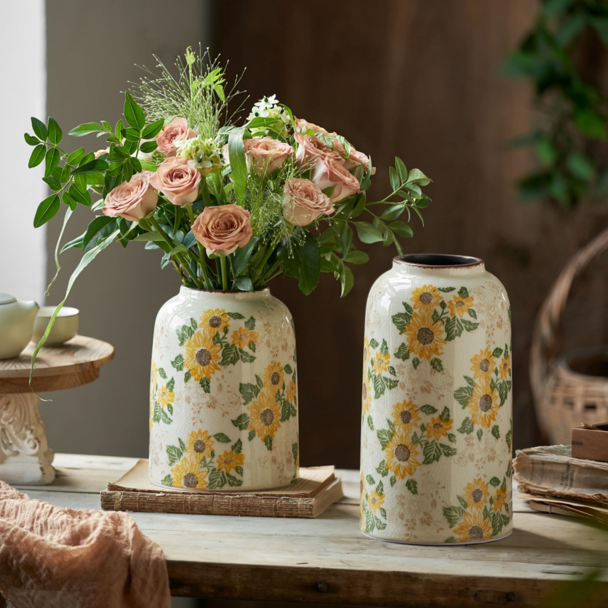 Levvohd Vintage Ceramic Vase, Sunflower Pattern 7.9 Inch, Medium Cylinder