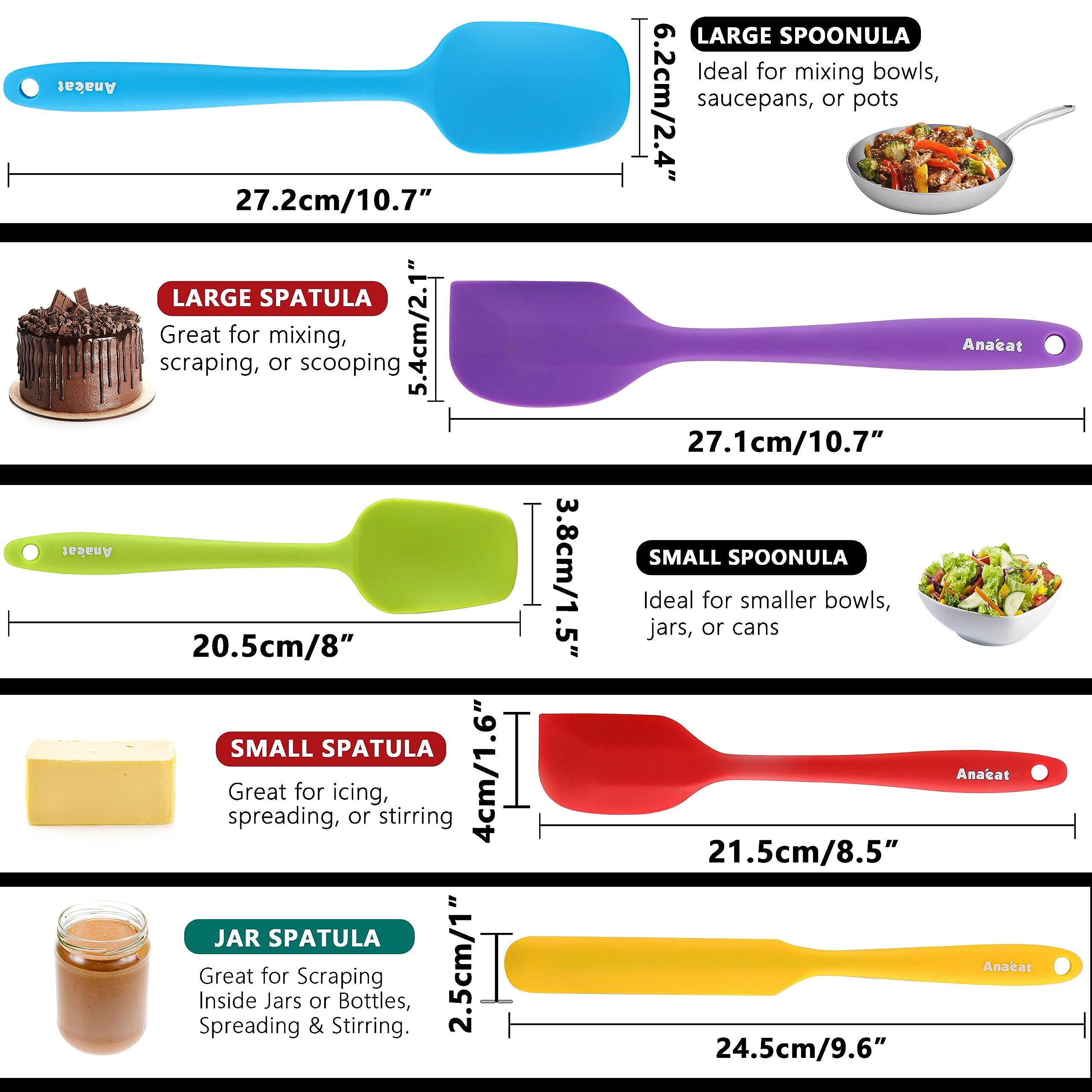 Anaeat Silicone Spatula Set of 5 - Seamless One-Pieces Design, Non-Stick Rubber Spatulas BPA Free Kitchen Scraper Flexible for Easy Baking, Cooking, Scraping & Mixing, Heat Resistant & Dishwasher Safe