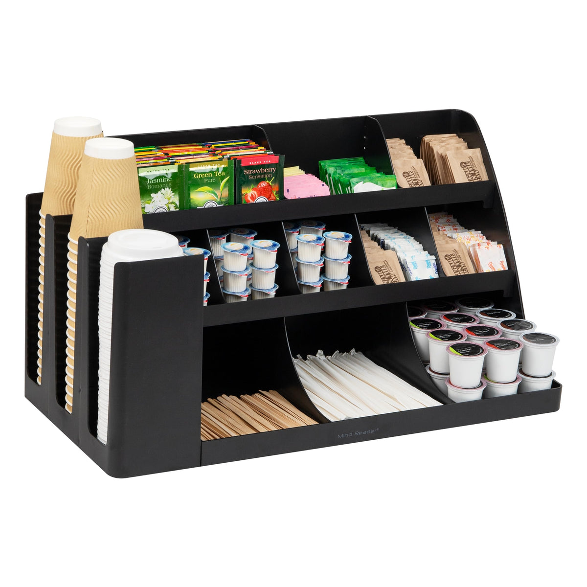 Mind Reader Cup and Condiment Station, Breakroom Countertop Organizer, 3-Tier Storage for Office Coffee Stations and Shared Spaces, Metal Mesh, Black