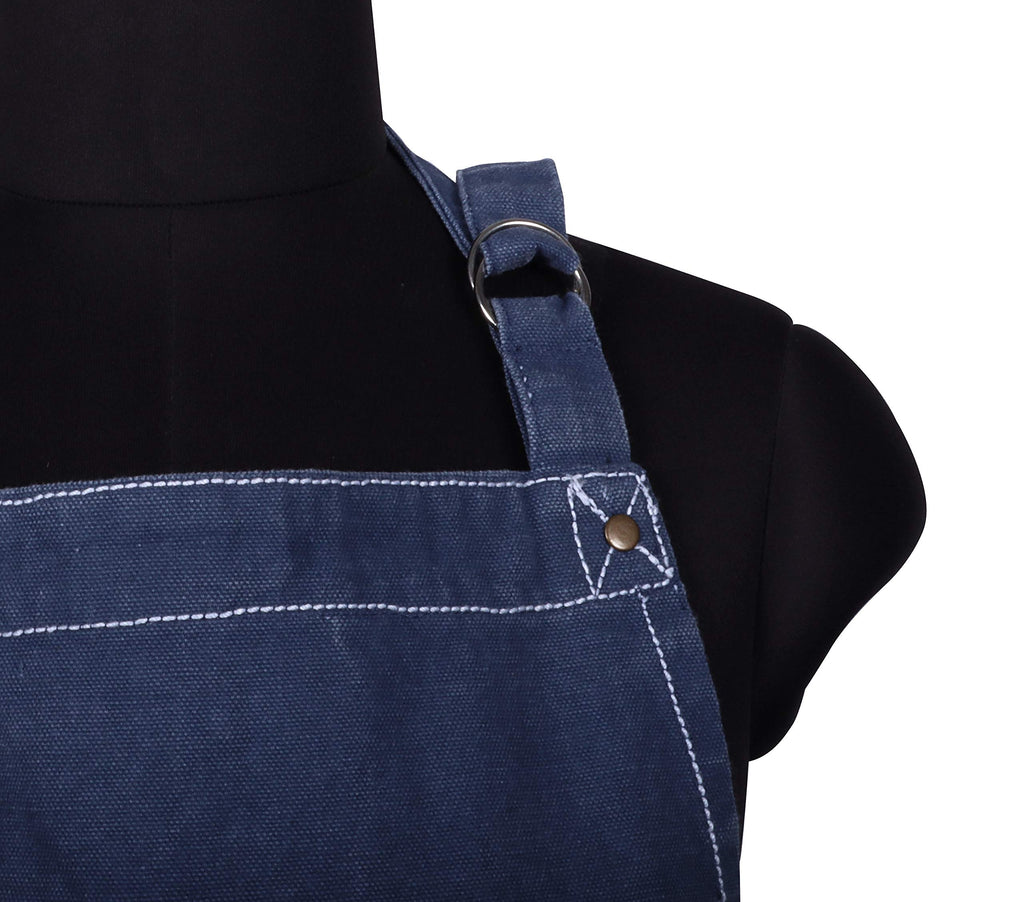 AMOUR INFINI Cotton Solid Aprons for Women with Pocket, Adjustable Strap and Waist Ties Washed Chef Aprons for Cooking, Baking and Gardening (27.5x33 Inches - Blue)