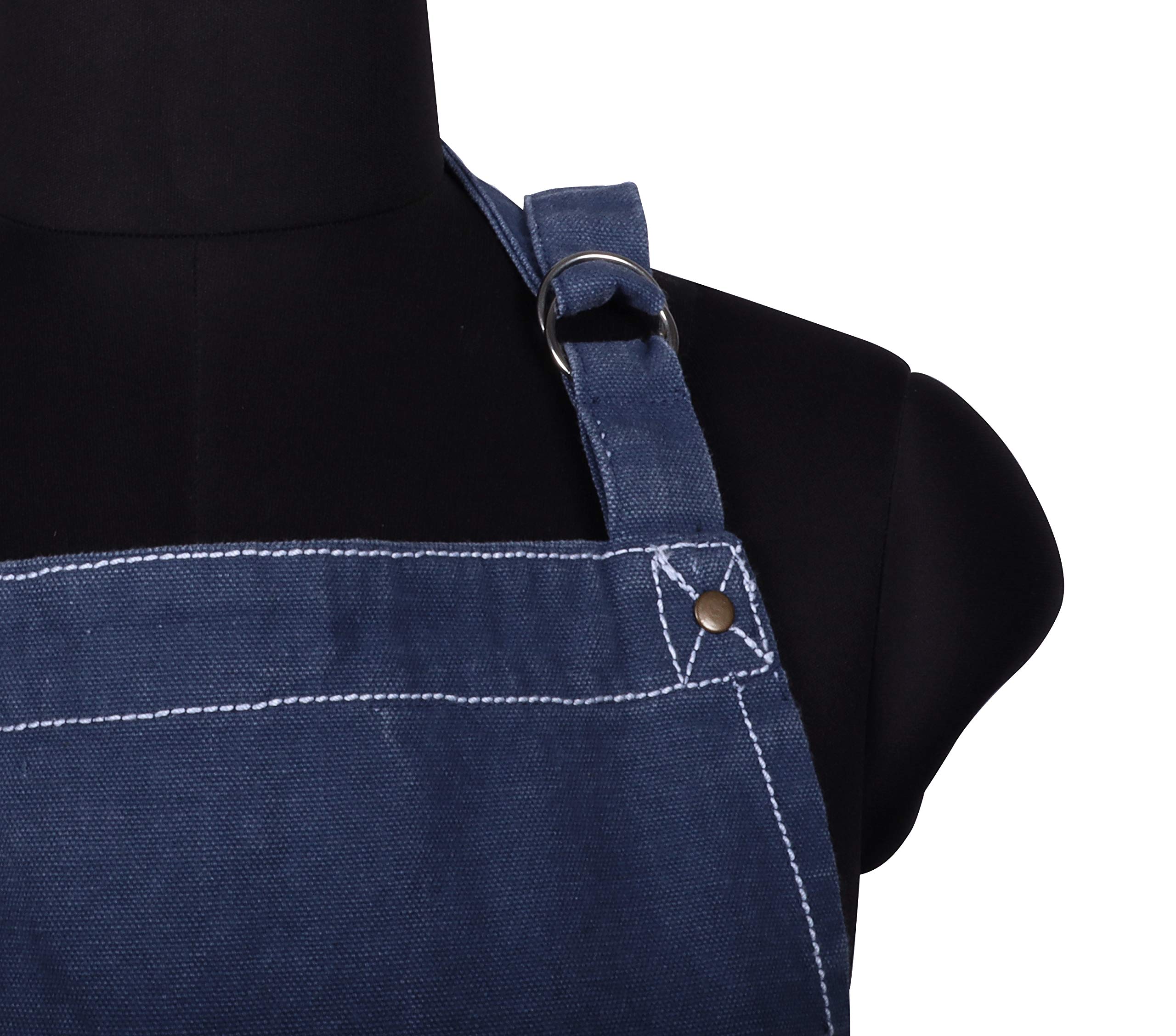 AMOUR INFINI Cotton Solid Aprons for Women with Pocket, Adjustable Strap and Waist Ties Washed Chef Aprons for Cooking, Baking and Gardening (27.5x33 Inches - Blue)