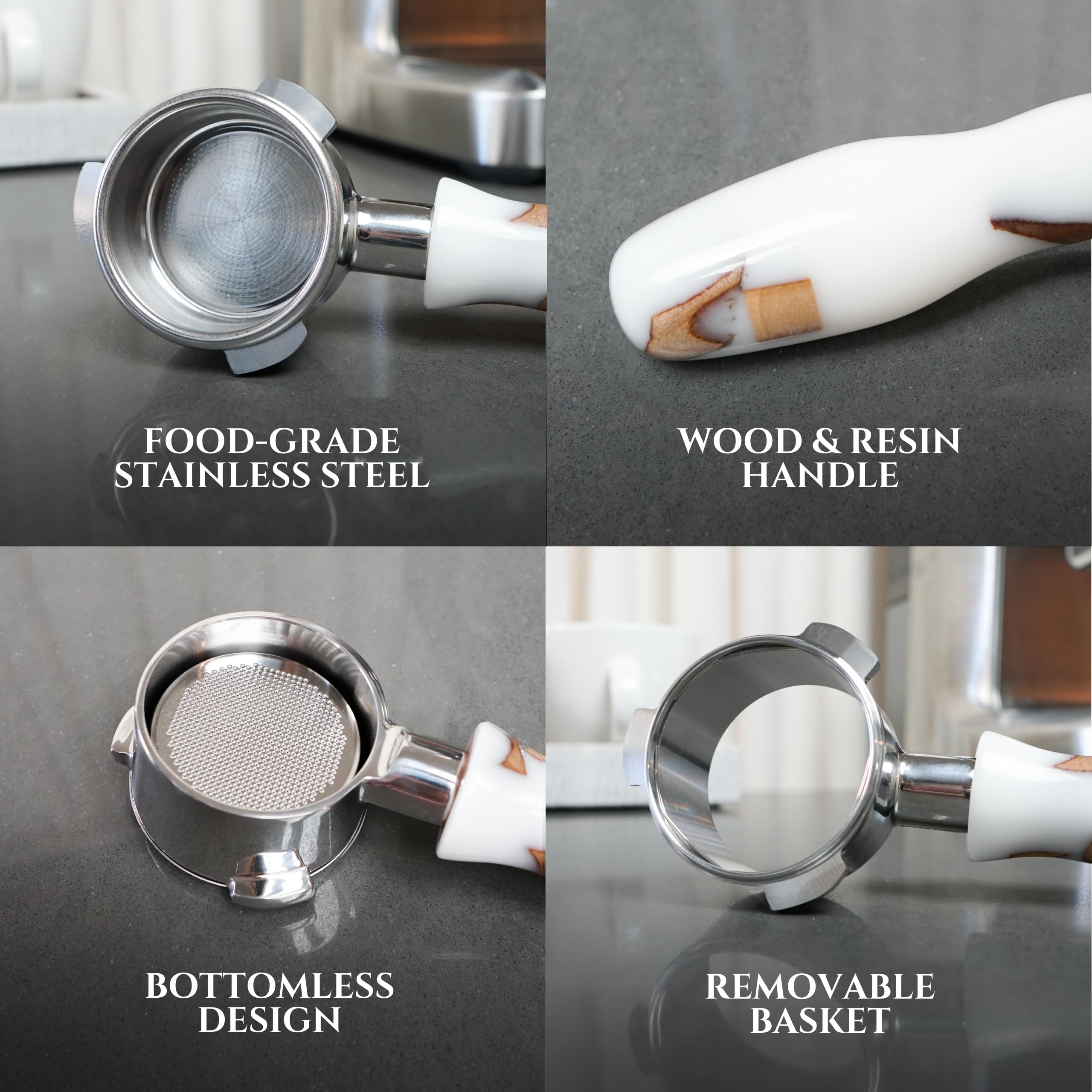 Bspresimo 54mm Bottomless Portafilter Modern Handle – Includes Stainless Steel Naked Basket – Fits Breville Barista Express & 54mm Breville Espresso Machines - Espresso Machine Accessories – White