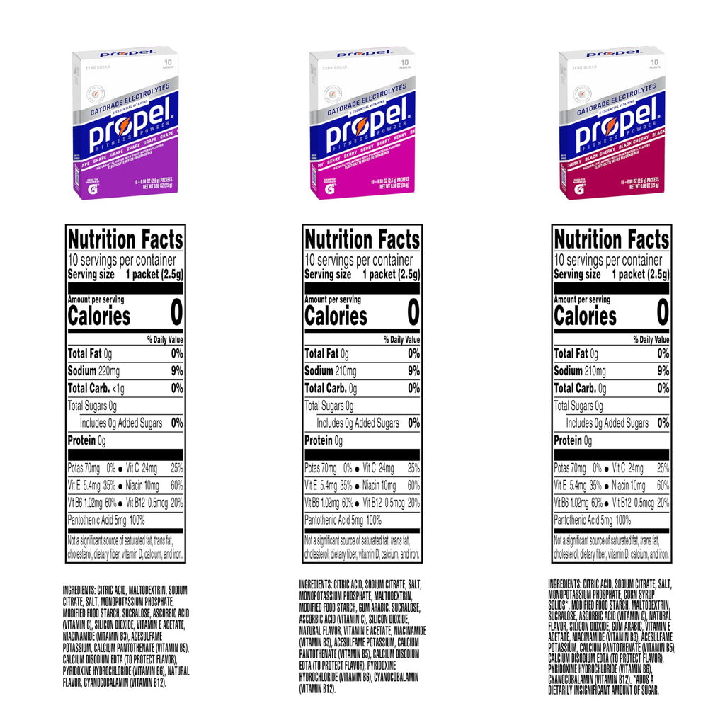 Propel Electrolyte Enhanced Water Drink Mix Powder Packets, Grape Variety Pack, Zero Calorie & Sugar Hydration with Vitamins C & E (30 Packets)