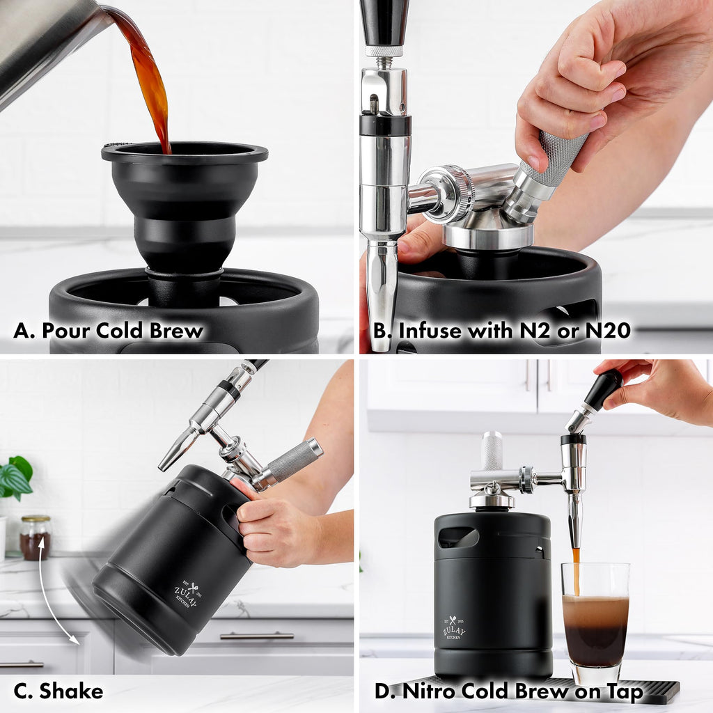 Zulay Nitro Cold Brew Maker - Nitro Cold Brew Keg with Pressure Relieving Valve & Creamer Faucet - Gift for Coffee Lovers - Nitro Cold Brew Coffee Maker for Home - Collapsible Funnel & Drip Mat