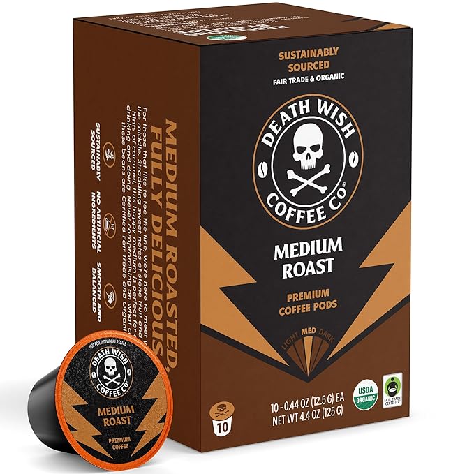 Death Wish Coffee Valhalla Java Single Serve Pods - Extra Kick of Caffeine - Medium Roast Coffee Pods - Made with USDA Certified Organic Fair Trade Arabica and Robusta Beans 10 Count (pack of 1)