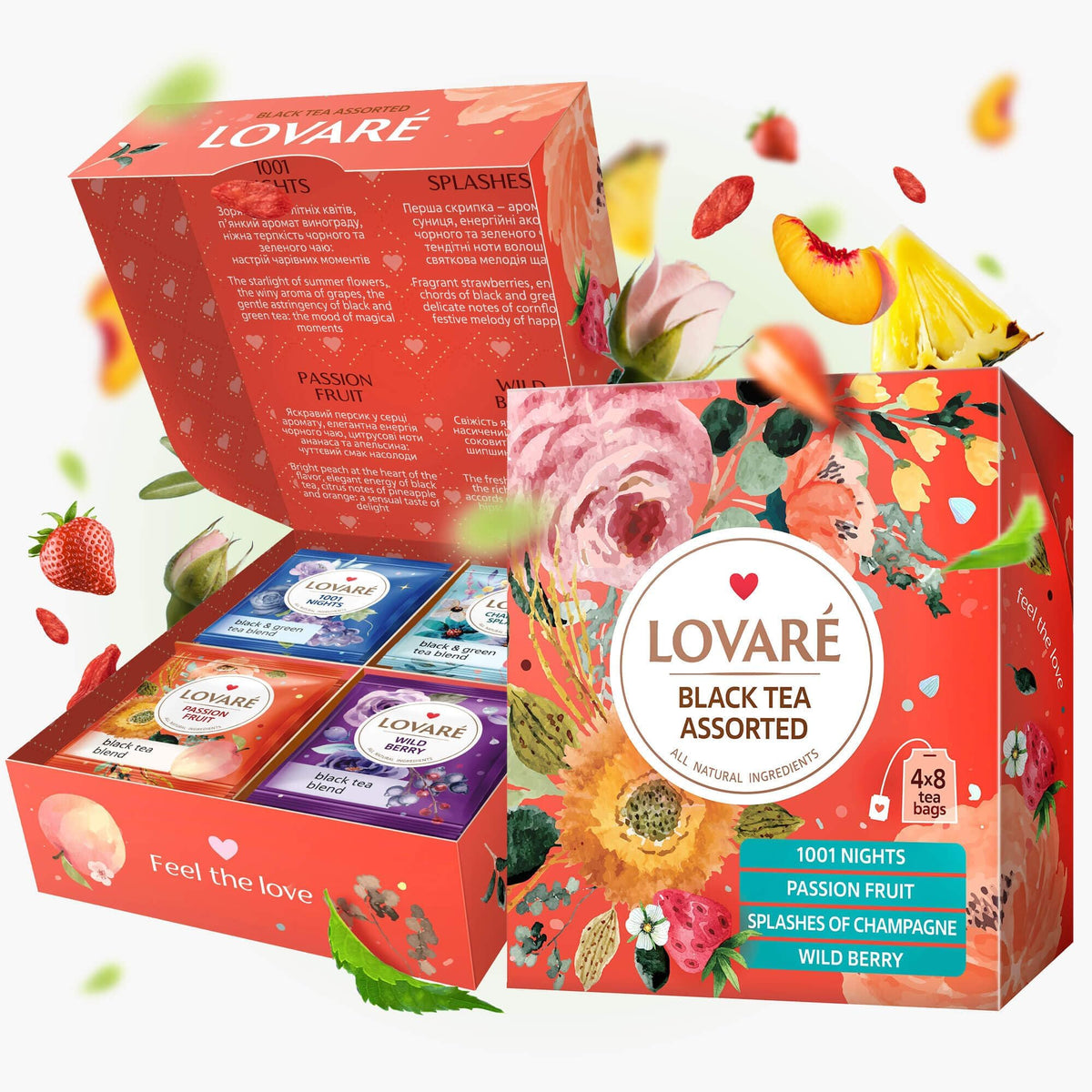 Black and Green Tea Blend Assorted Tea by Lovare Tea Sets for Tea Lovers Made in Ukraine 128 Tea Bags of Huckleberry Herbal, Fruits, Flower Petals, Aroma of Grapes, Pieces of Berries, All Natural Ingredients, in Gift Box For Blooming Tea Lovers Men &