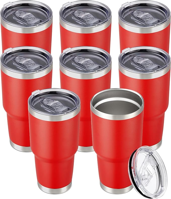 30 oz Tumbler with Lid Stainless Steel Tumblers Bulk Vacuum Insulated Cup Reusable Powder Coated Travel Mug Double Wall Leak Proof Cups Keep Cold Drinks for 12 Hours Wine Red, Set of 8