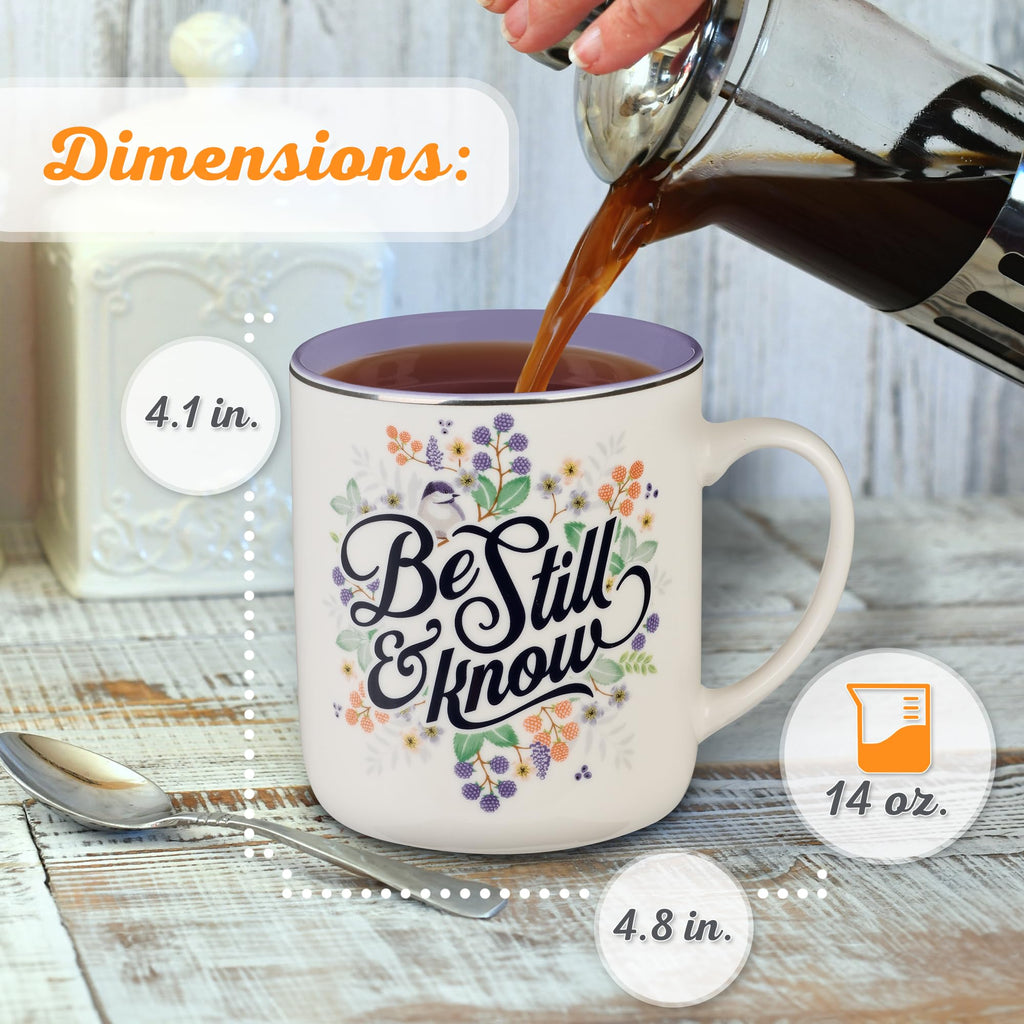 Christian Art Gifts Purple Ceramic Coffee Mug with Silver Rim – 14 oz. Lead & Cadmium-free Non-toxic Inspirational Scripture Coffee and Tea Mug for Women with Bible Verse: Be Still & Know –Psalm 46:10