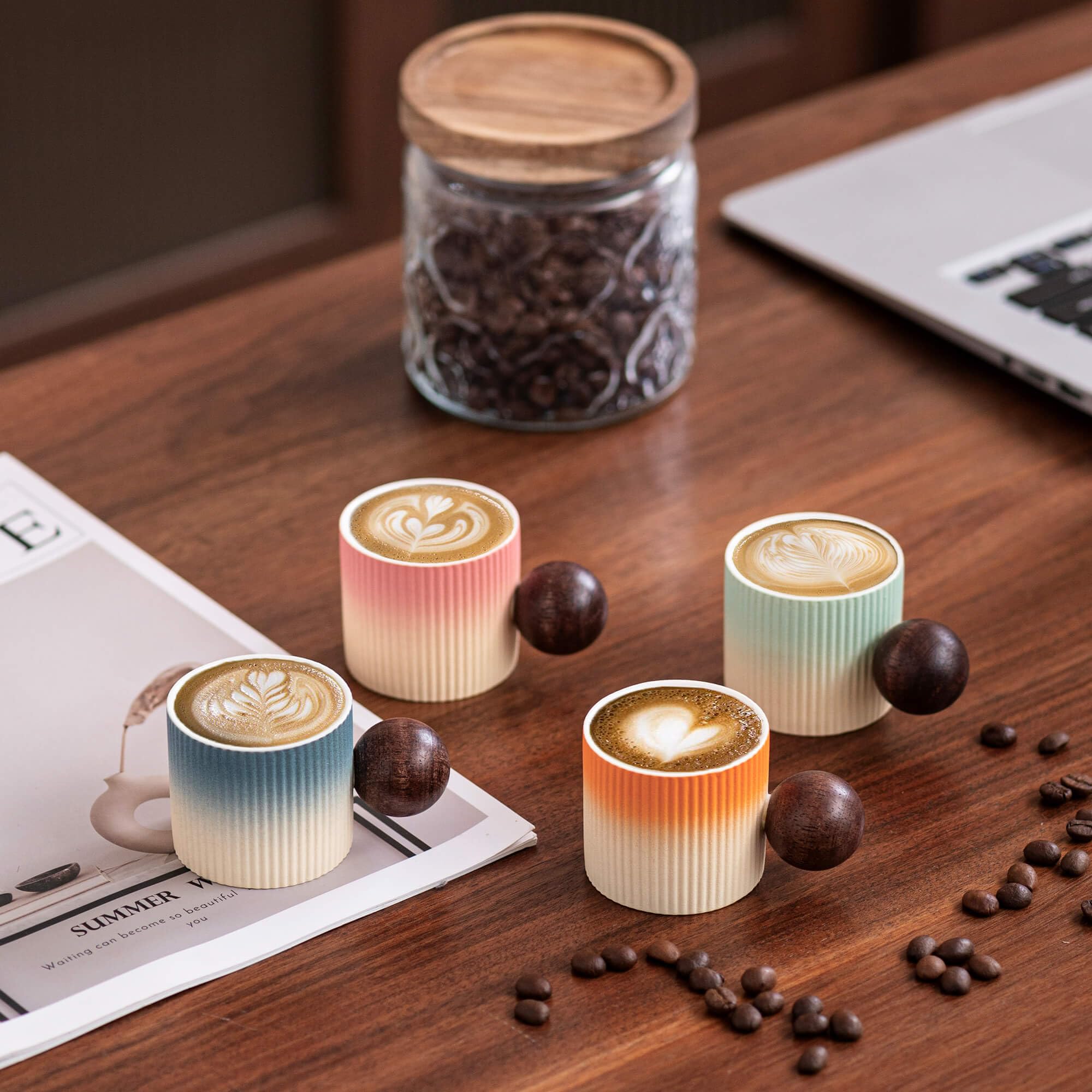 CLASGLAZ Ceramic Mini Espresso Cups Demitasse Cups with Round Wooden Handle Vertical Stripes Tea Cups (Beige&Orange, 2pcs)