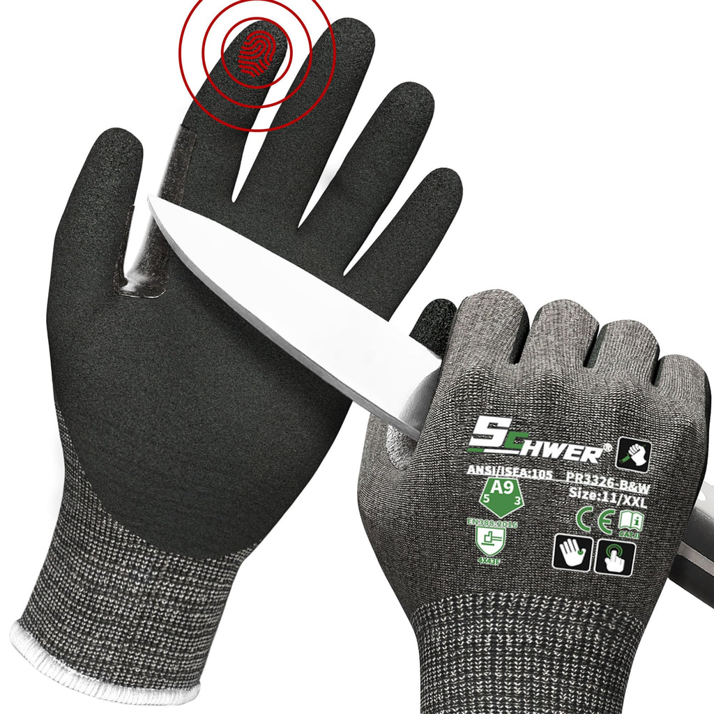 Schwer ProGuard High Level Cut Resistant Work Gloves PR3326 for Extreme Protection，ANSI A9 Cut Gloves with Reinforced Thumb, Non Slip, Durable, Touch-screen, Black 1 Pair（XXL）