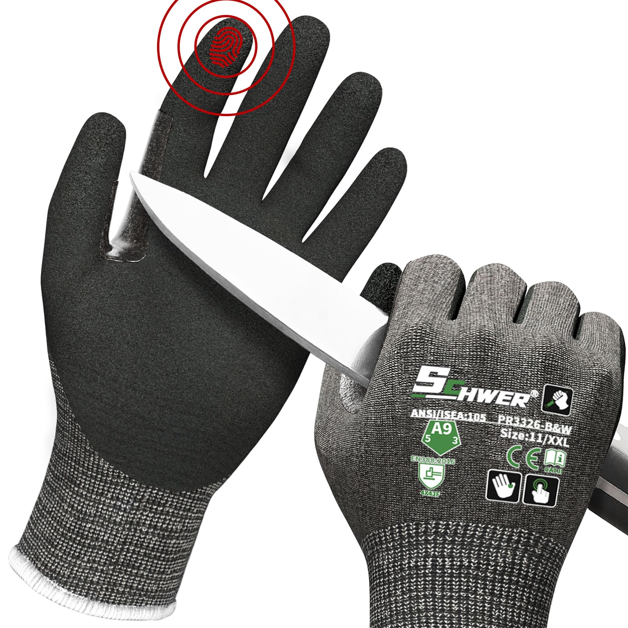 Schwer ProGuard High Level Cut Resistant Work Gloves PR3326 for Extreme Protection，ANSI A9 Cut Gloves with Reinforced Thumb, Non Slip, Durable, Touch-screen, Black 1 Pair（XXL）
