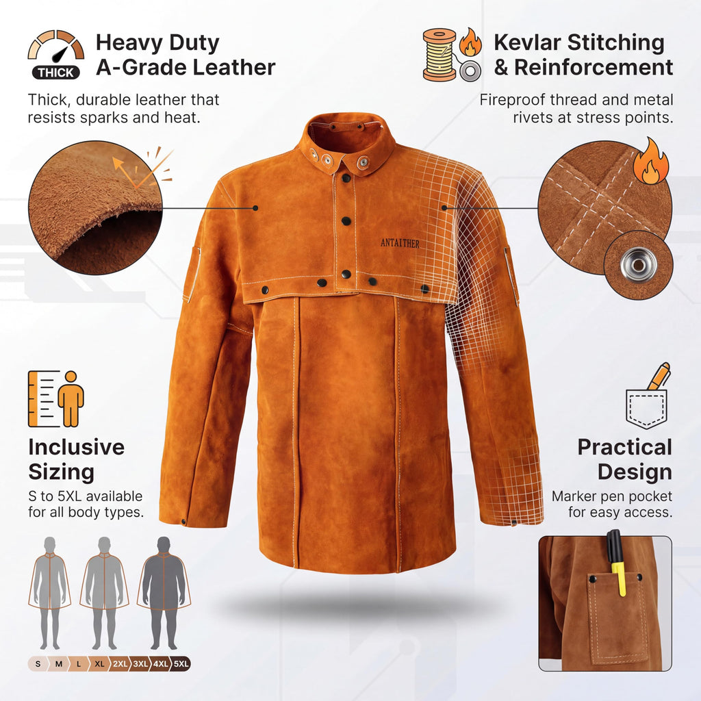 ANTAITHER Leather Welding Cape Sleeve with Apron, Welder Jacket Brown 2X