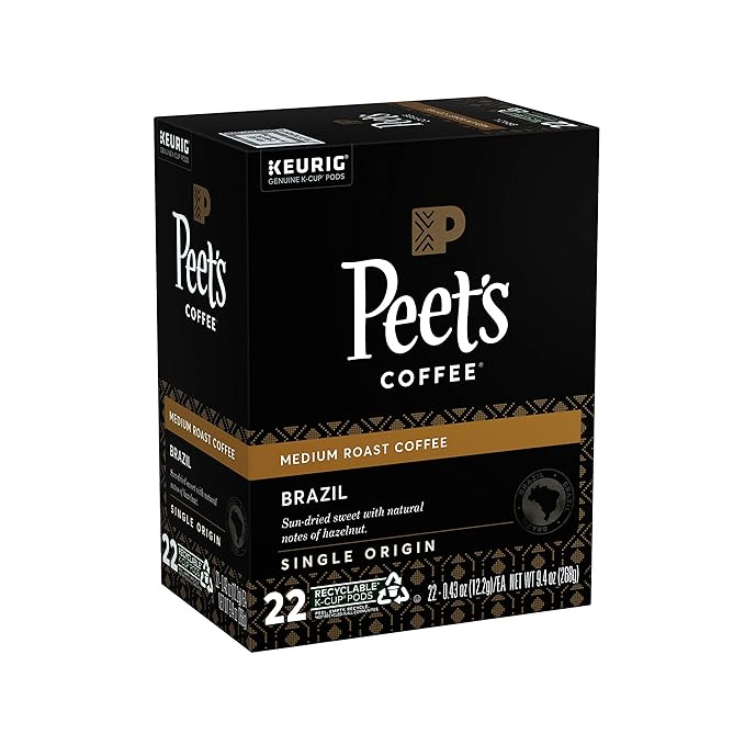 Peet's Coffee Single Origin Brazil, Medium Roast, 22 Count Single Serve K-Cup Coffee Pods for Keurig Coffee Maker