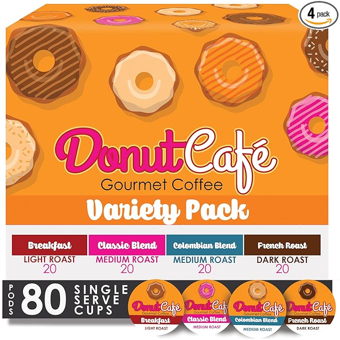 Donut Café K-Cup Coffee Pods, Light Medium and Dark Roast, Variety 80 Count
