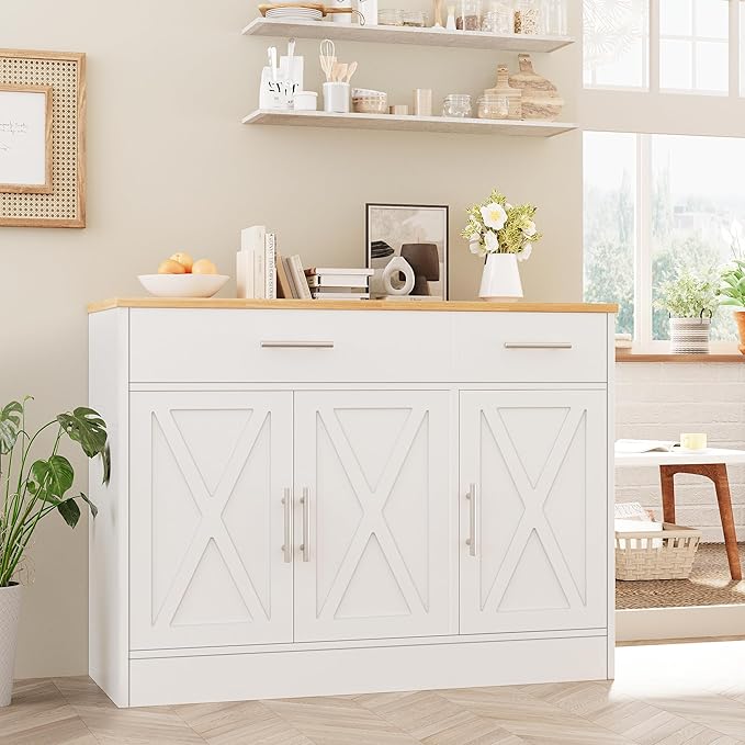 Vongrasig Buffet Cabinet with Drawers, 43” Coffee Bar Cabinet Farmhouse Kitchen Buffet Storage Cabinet with 3 Doors, Wood Buffet Table for Kitchen Living Room,White