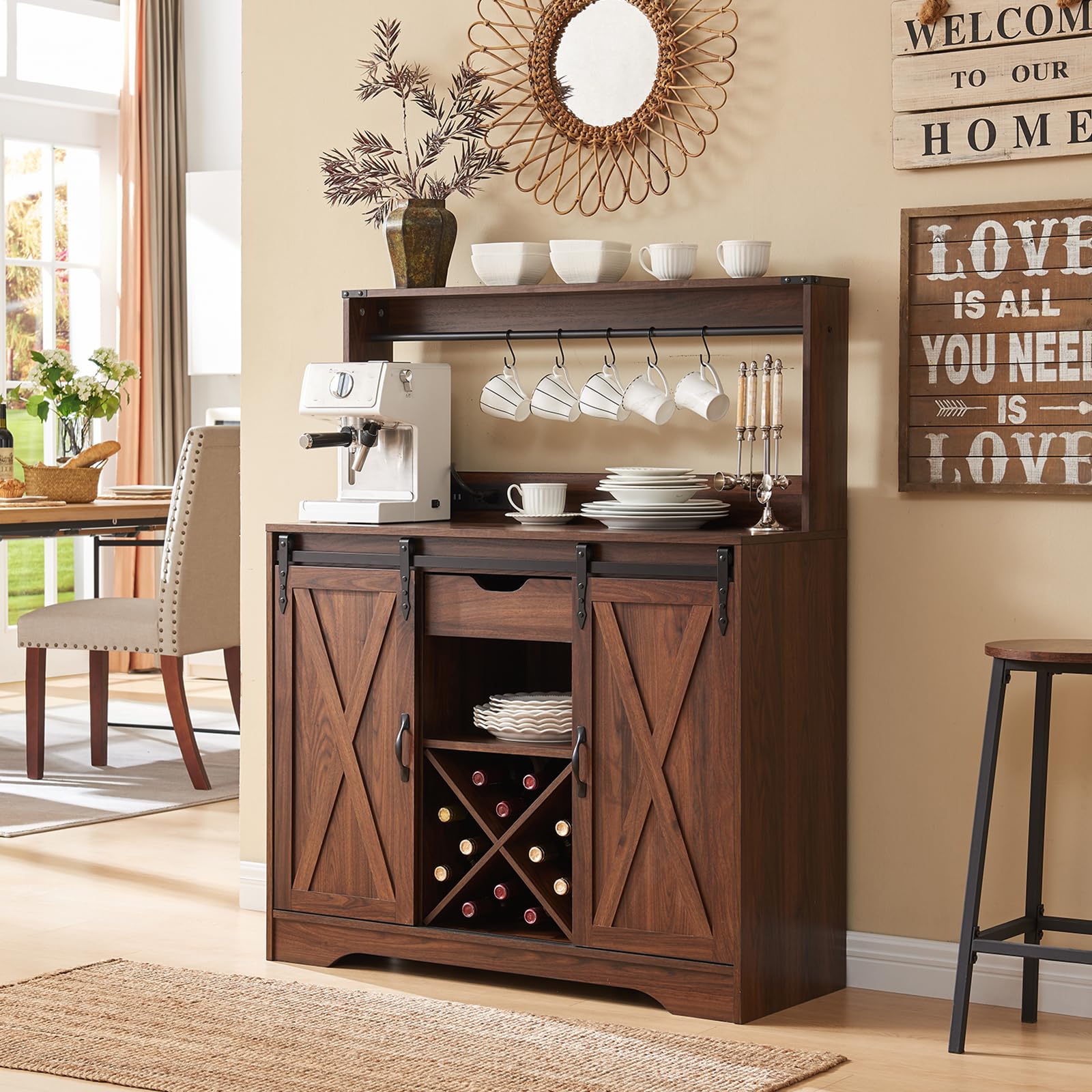 Wnutrees Farmhouse Coffee Bar Cabinet with Charging Station and USB, Brown
