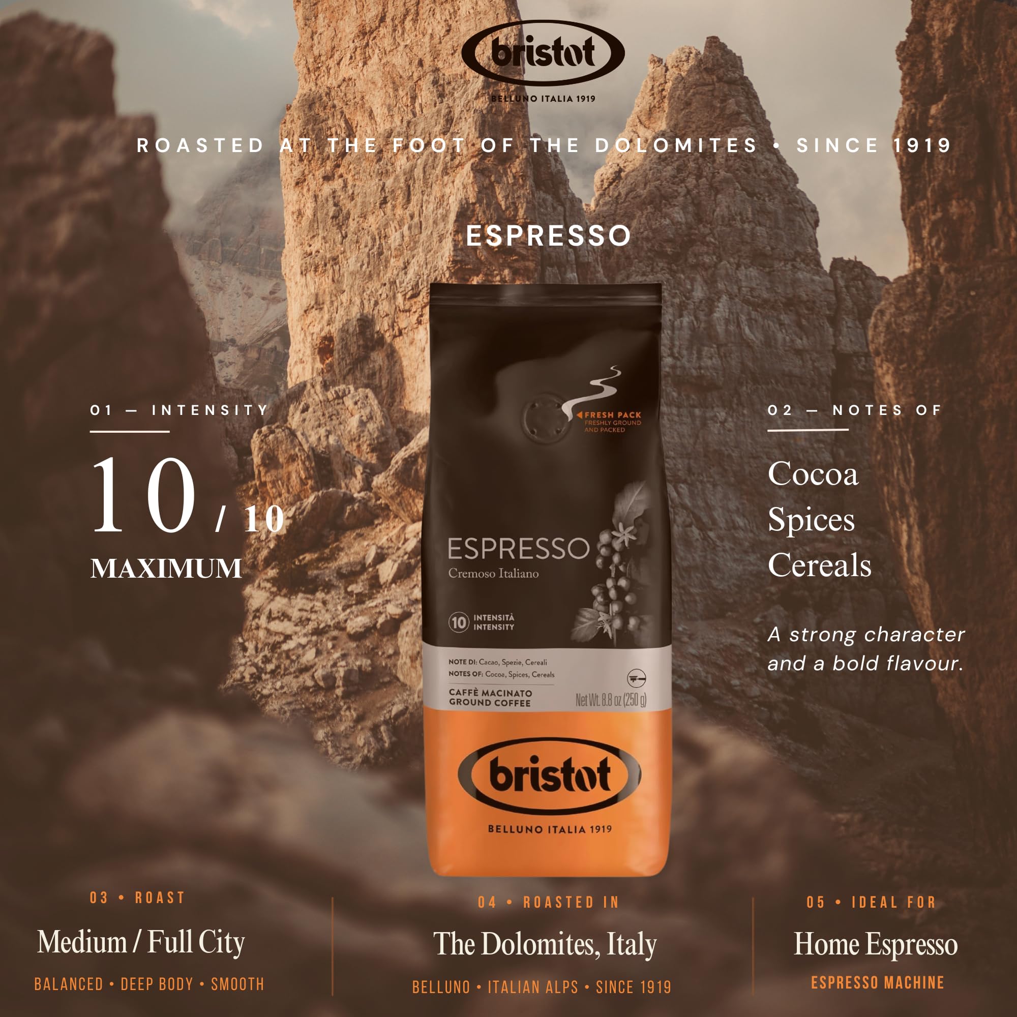 Bristot Espresso Cremoso Italiano Ground Coffee – Medium Roast, Rich & Smooth – 8.8oz (250g) Bag – Italian Ground Espresso for Home Machines