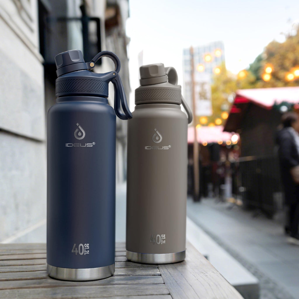 IDEUS Insulated Stainless Steel Water Bottle with 2 Leak-Proof Lids, Thermal Water Flask for Hiking Biking, 40oz, Navy Blue
