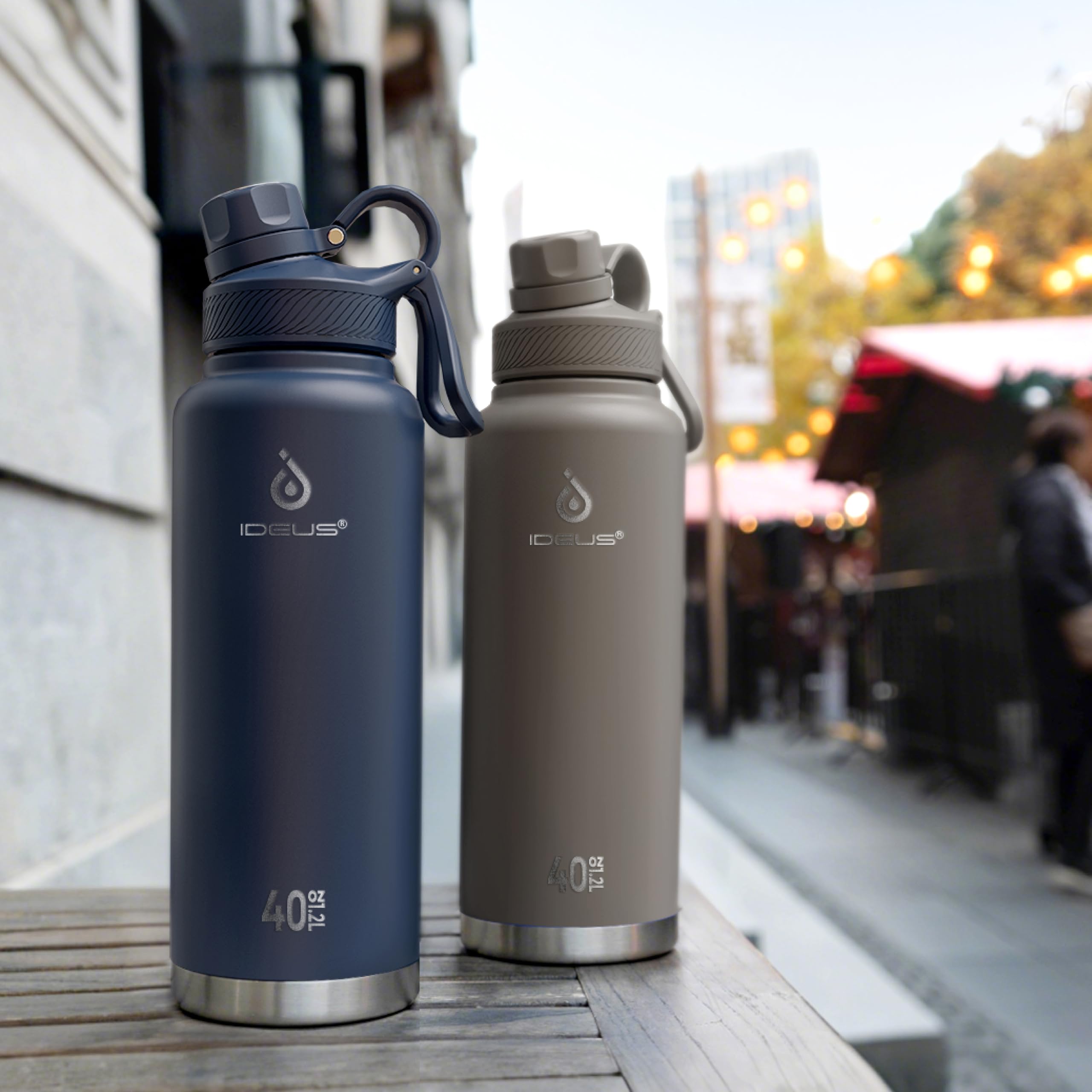 IDEUS Insulated Stainless Steel Water Bottle with 2 Leak-Proof Lids, Thermal Water Flask for Hiking Biking, 40oz, Navy Blue