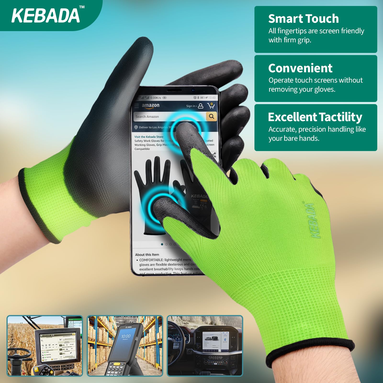 Kebada W1 Safety Work Gloves for Men & Women, 50 Pairs Bulk Pack, PU Coated