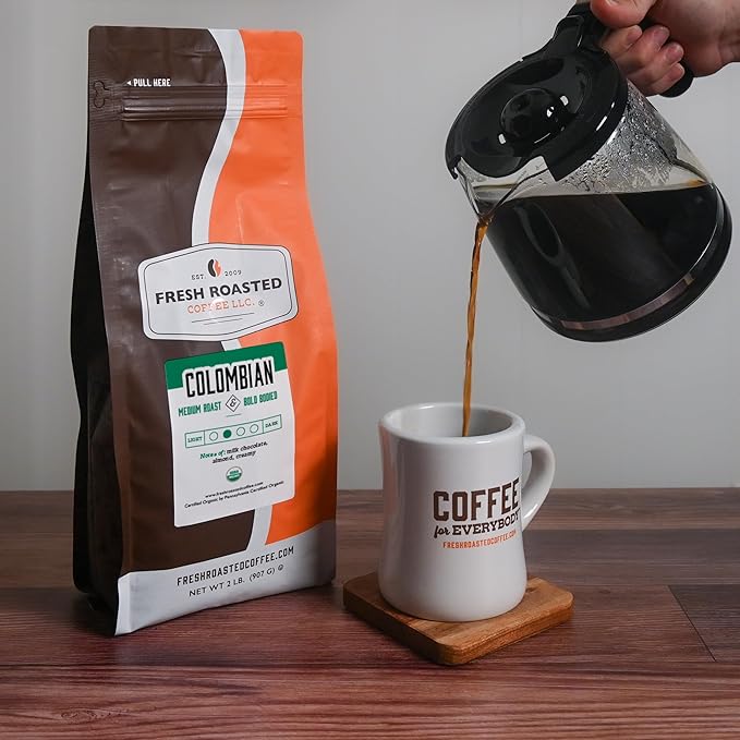 Fresh Roasted Coffee, Organic Colombian | USDA Organic, 100% Single Origin, Kosher | Medium Roast 2 lb (32 oz) Ground